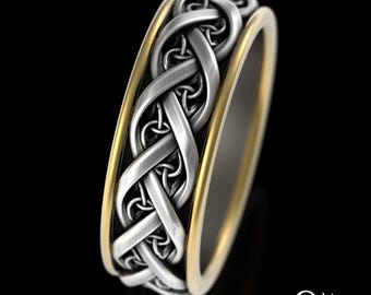 Celtic Trinity Knot 2tone Wedding Band, Groom Sterling & 10K Gold Scottish Wedding Ring, Simple Mans BiColor Irish Woven Knotwork Ring, 4034