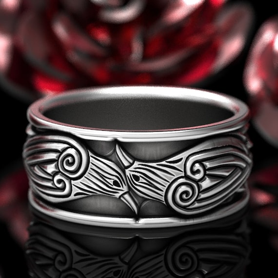 His Celtic Knot Raven Ring, Norse Raven Ring, Hugin and Munin Celtic Raven Ring, Raven Wedding Band, Sterling Silver Celtic Raven Band 1670