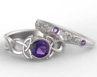 White Gold Engagement Ring Set, Celtic Engagement Set, Amethyst & Gold Engagement, Matching Wedding Ring Set, 10K Gold Ring, 405 1775