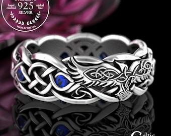Womens Silver Raven Wedding Ring, Sapphire Raven Wedding Band, Sterling Viking Ring, Viking Raven Ring, Celtic Raven Wedding Ring, 4728
