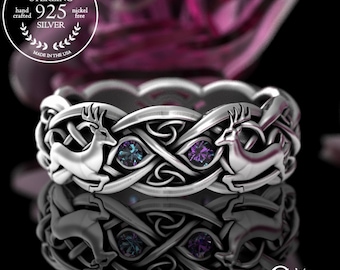 Alexandrite Deer Ring, Sterling Celtic Stag Wedding Ring, Irish Antler Wedding Band, Silver Forest Theme Ring, Alexandrite Wedding, 3128