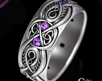 Mens Celtic Wedding Band, Sterling & Amethyst, Wide Wedding Band, Mens Infinity Ring, Mens Celtic Ring, Mens Infinity Wedding Ring, 1642