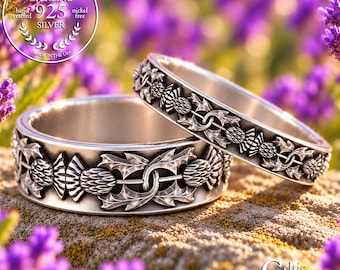 Sterling Silver Royal Thistle Ring Set, His Hers Scottish Handfasting Rings, Highland Bloom Wedding Rings, Sacred Union Ring Set, 1770 1771