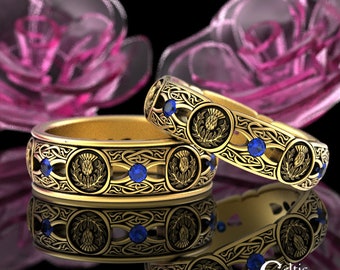 Gold Thistle Matching Wedding Ring Set, Sapphire 10K Scottish Thistle, 14K Irish Thistle Rings, Gold Celtic Thistle Wedding Bands, 4408 4409