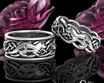 Matching Otter Rings, Sterling Emerald Wedding Rings, Emerald Otter Wedding Rings, Celtic Otter Rings, Matching Celtic Rings, 3027 3025