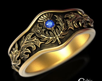 Gold Thistle Ring, Sapphire Gold Ring, Scottish Thistle Ring, Thistle Wedding Band, Gold Wedding Band, Platinum Mens Wedding Ring, 1765