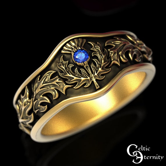 Gold Thistle Ring, Sapphire Gold Ring, Scottish Thistle Ring, Thistle Wedding Band, Gold Wedding Band, Platinum Mens Wedding Ring, 1765