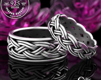 His & Hers Sterling Celtic Matching Wedding Rings, Silver Scottish Woven Wedding Band Set, Irish Anniversary Rings, 2146 2147