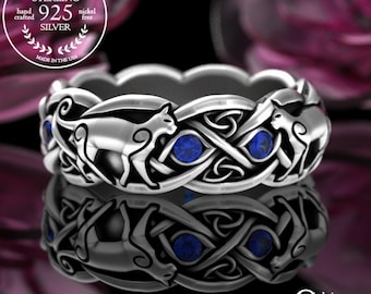 Celtic Cat Ring, Sterling Sapphire Irish Cat, Swirl Cat Wedding Band, Cat Lover Ring, Scottish Knotwork Ring, Sidhe Ring, Feline Ring, 3097