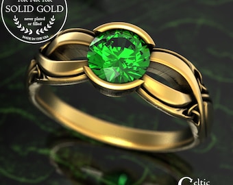 Gold Emerald Celtic Bride Ring, 14K Yellow Gold Irish Engagement, 18K Emerald Solitaire Ring, Woman's Scottish Platinum Wedding Ring, 1996