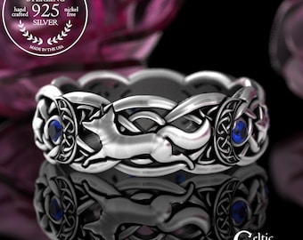 Sterling & Sapphire Fox Stars Wedding Ring, Moon Phase Witch Ring, Celestial Magic Ring, Arcana Jewelry, Silver Wiccan Woman Ring, 3279