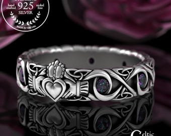 Scottish Alexandrite Claddagh Handfasting Ring, Sterling Bridal Crown Heart Irish Wedding Band, Womens Traditional Celtic Claddagh, 3219