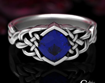 Sterling Sapphire Engagement, Celtic Engagement Ring, Cushion Cut Engagement Ring, Sapphire Engagement Ring, Unique Engagement Ring, 1311