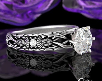 Sterling Silver Royal Thistle Engagement Ring, Silver Scottish Thistle Solitaire, Women's Guardian Flower and Gemstone Wedding Ring, 3062