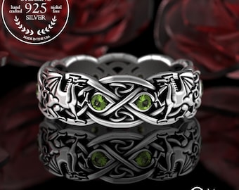 Peridot Welsh Dragons Ring, Sterling Irish Dragon Ring, Green Dragon Wedding Band, Viking Knotwork Dragon Jewelry, Norse Nordic Ring, 3016