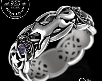 Alexandrite Magical Fox Ring, Silver Crescent Moons Stars Wedding Ring, Sterling Enchantress Ring, Goddess Energy Ring, Witchy Jewelry, 3279