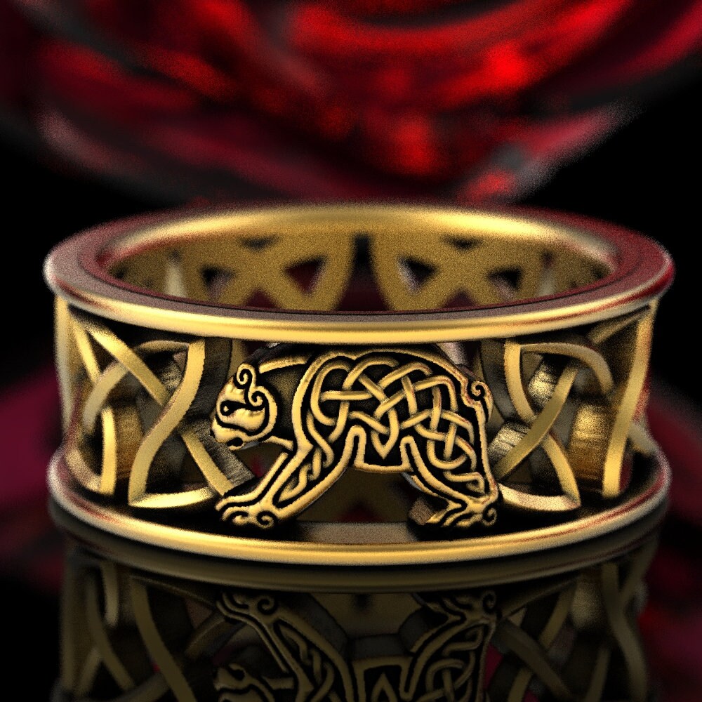Celtic Bear Wedding Band, Celtic Bear Ring, Mens Wedding Band, Irish