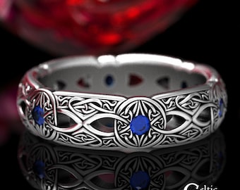 Celtic Sapphire Wedding Band, Sterling Shield Ring, Sterling Heart Knotwork Ring, Irish Knotwork Ring, Heart Knot Ring, Sapphire Irish, 1805