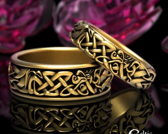 10K Gold Matching Norse Dragon Wedding Bands, 10K Dragon Ring Set, 10K Celtic Dragon Wedding Rings, 14K Gold Norse Dragon Rings, 1924 1925