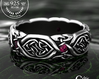 Womans Ruby Heart Ring with Celtic Knotwork, Irish Love Knot Wedding Band, Silver Braided Irish Marriage Ring, Scotland Anniversary, 2008