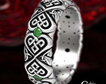 Celtic Wedding Band, Sterling + Emerald Wedding Band, Heart Wedding Ring, Emerald Wedding Band, Modern Celtic Ring, Silver Wedding Ring,1497