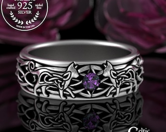 Sterling Cat Lovers Wedding Ring, Alexandrite Men's Animal Ring, Silver Tom Cat Ring, Groom Knotwork Marriage Ring, Vow Renewal Ring, 3257