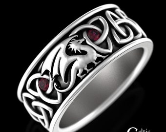 Ruby Norse Dragon Ring, Sterling Mens Irish Dragon Ring, Trinity Knot Dragon Wedding Ring, Men Dragon Wedding Band, Silver Viking Ring, 3053