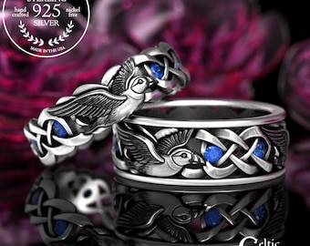 Sapphire & Sterling Matching Puffin Wedding Band Set, Silver Iceland Seabirds Ring, Nordic His Hers Knotwork Wedding Rings, 2124 2125