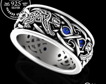 Norse Bear Ring, Sapphire & Sterling Mens Celtic Knotwork Wedding Band, Silver Welsh Bear Ring, Viking Bear Ring, Sapphire Irish Ring, 3095