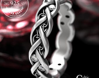 Moissanite & Sterling Silver Celtic Weave Band, Modern Silver Irish Braid Wedding Ring, Infinity Wedding Band, Sterling Eternity Ring, 1418