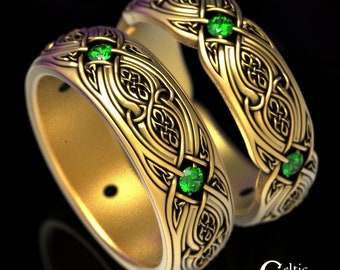 Matching Trinity Knot Rings, Emerald Gold Matching Wedding Band, His Hers Celtic Gold Rings, Couple Gold Ring Set, Gold Ring Set, 1817 1816