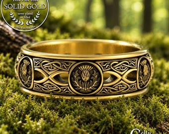 Mens Gold Scottish Thistle Wedding Ring, 10K Celtic Thistle Mens Ring, 14K Gold Thistle Wedding Band, 10K Gold Irish Thistle Ring, 4406