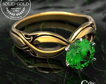 10K Gold Emerald Celtic Engagement Ring, 14K White Gold Classic Irish Wedding Ring, 18K Welsh Solitaire Ring, Platinum Infinity Design, 1994