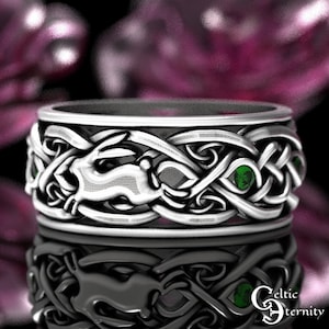 Emerald Mens Rabbit Ring, Sterling Rabbit Wedding Ring, Rabbit Wedding Band, Mens Rabbit Ring, Mens Celtic Rabbit Ring, Mens Bunny Ring 4681