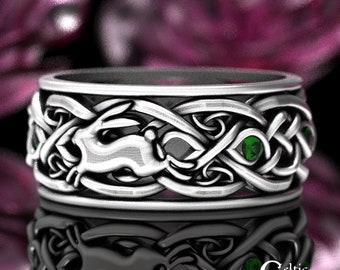 Emerald Mens Rabbit Ring, Sterling Rabbit Wedding Ring, Rabbit Wedding Band, Mens Rabbit Ring, Mens Celtic Rabbit Ring, Mens Bunny Ring 4681