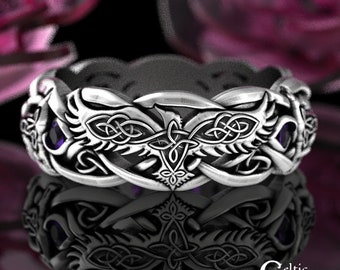 Raven & Wolves Wedding Ring, Amethyst Raven Wedding Band, Sterling Viking Ring, Viking Raven Ring, Celtic Raven Wedding Ring, 4696