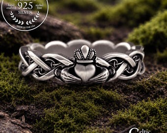 Delicate Claddagh Trinity Ring, Sterling Celtic Woman Handfasting Ring, Silver Irish Bride Crown Wedding Band, Scottish Chladaigh Ring, 3280
