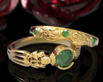 Gold Royal Thistle Engagement Ring Set, Emerald Wedding Ring Set, Scottish Highland Bloom Rings,  Thorned Blossom Engagement Ring, 1774/75