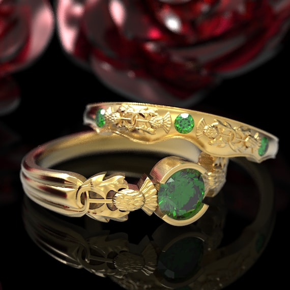 Gold Royal Thistle Engagement Ring Set, Emerald Wedding Ring Set