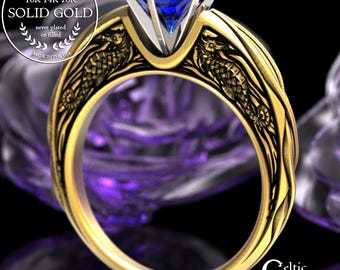 Gold & Sapphire Seahorse Engagement Ring, 14K White Gold Ocean Wedding Ring, Platinum Irish Intricate Gallery Solitaire Ring, 2116