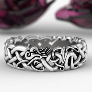 Norse Dragon Ring in Sterling Silver, Viking Dragon Wedding Band, Mens Wedding Band, Celtic Dragon Jewelry, Serpent Wedding Ring, 1191