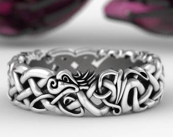 Norse Dragon Ring in Sterling Silver, Viking Dragon Wedding Band, Mens Wedding Band, Celtic Dragon Jewelry, Serpent Wedding Ring, 1191