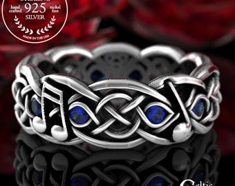 Musical Wedding Ring, Celtic Music Note Ring, Sapphire & Sterling Silver Musical Wedding Ring, Music Lover Ring, Musician Wedding Band, 1714