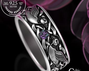Alexandrite Bird Ring for Man, Sterling Celtic Puffin Seabirds Wedding Band, Silver Flying Animal Jewelry, 2120