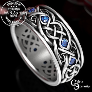 Infinity Wedding Band With Sapphires, Sterling Celtic Wedding Band, Sapphire Celtic Wedding Ring, Infinity Knot Ring, Mens Celtic Ring, 1096