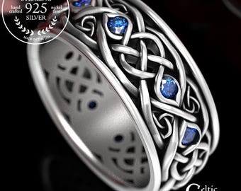Infinity Wedding Band With Sapphires, Sterling Celtic Wedding Band, Sapphire Celtic Wedding Ring, Infinity Knot Ring, Mens Celtic Ring, 1096