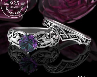 Sterling Silver Fox Bridal Wedding Ring Set, Kitsune Alexandrite Handfasting Rings,  Faoladh Stacking Gemstone Engagement Rings, 3071 1971