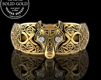 Gold & Moissanite Nordic Wolf Ring, 10K 14K 18K Gold Norse Wolf Ring, Platinum Mens Wolf Ring, Heavy Gold Mens Ring, Thick Wolf Signet, 1744