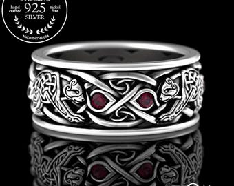 Viking Bear Wedding Band, Sterling Ruby Irish Wedding Ring, Mens Scottish Bear Ring, Woven Bear Wedding Ring, Silver Ruby Celtic Ring, 3095