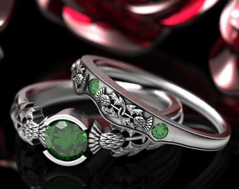 Sterling Scottish Engagement Rings, Thistle Wedding Ring Set, Emerald Celtic Engagement, Scottish Thistle Ring, Matching Ring Set, 1774/75